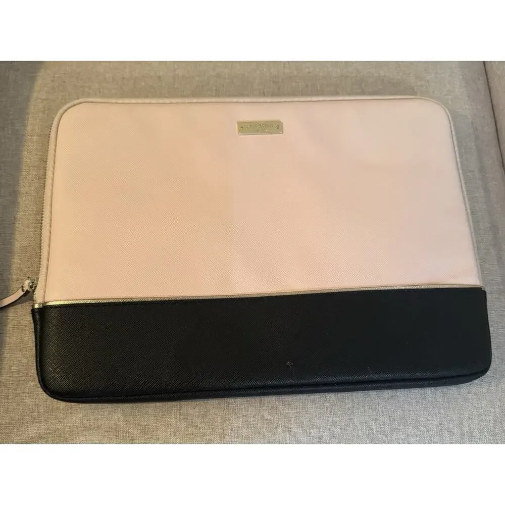 Kate Spade Black & Pink Laptop Computer Padded Case Sleeve Zip Saffiano Leather